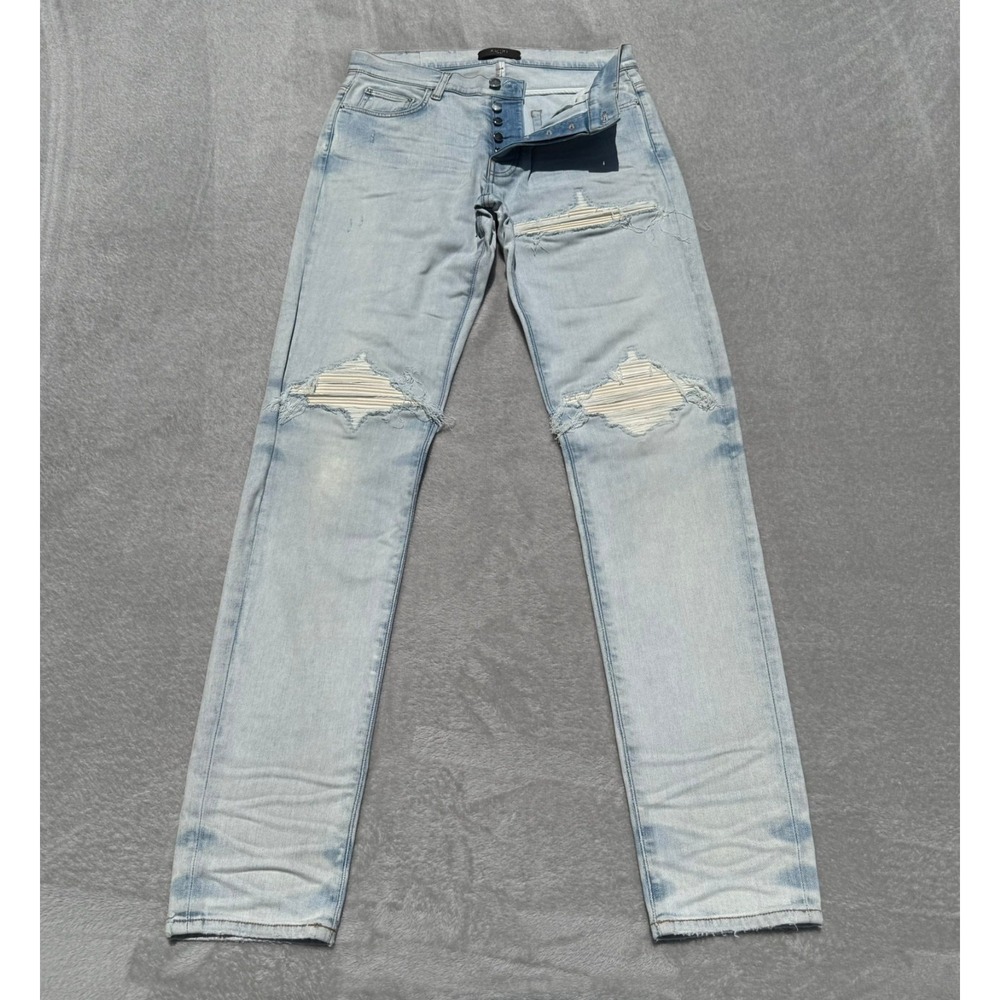 Amiri MX1 Straight Jeans Mens 33x36 Blue Wax Denim Distressed Stretch USA NWOT
